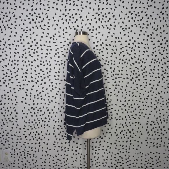 Eileen Fisher Navy Blue Striped Linen Blend Relaxed Fit V-Neck Top - Picture 7 of 9